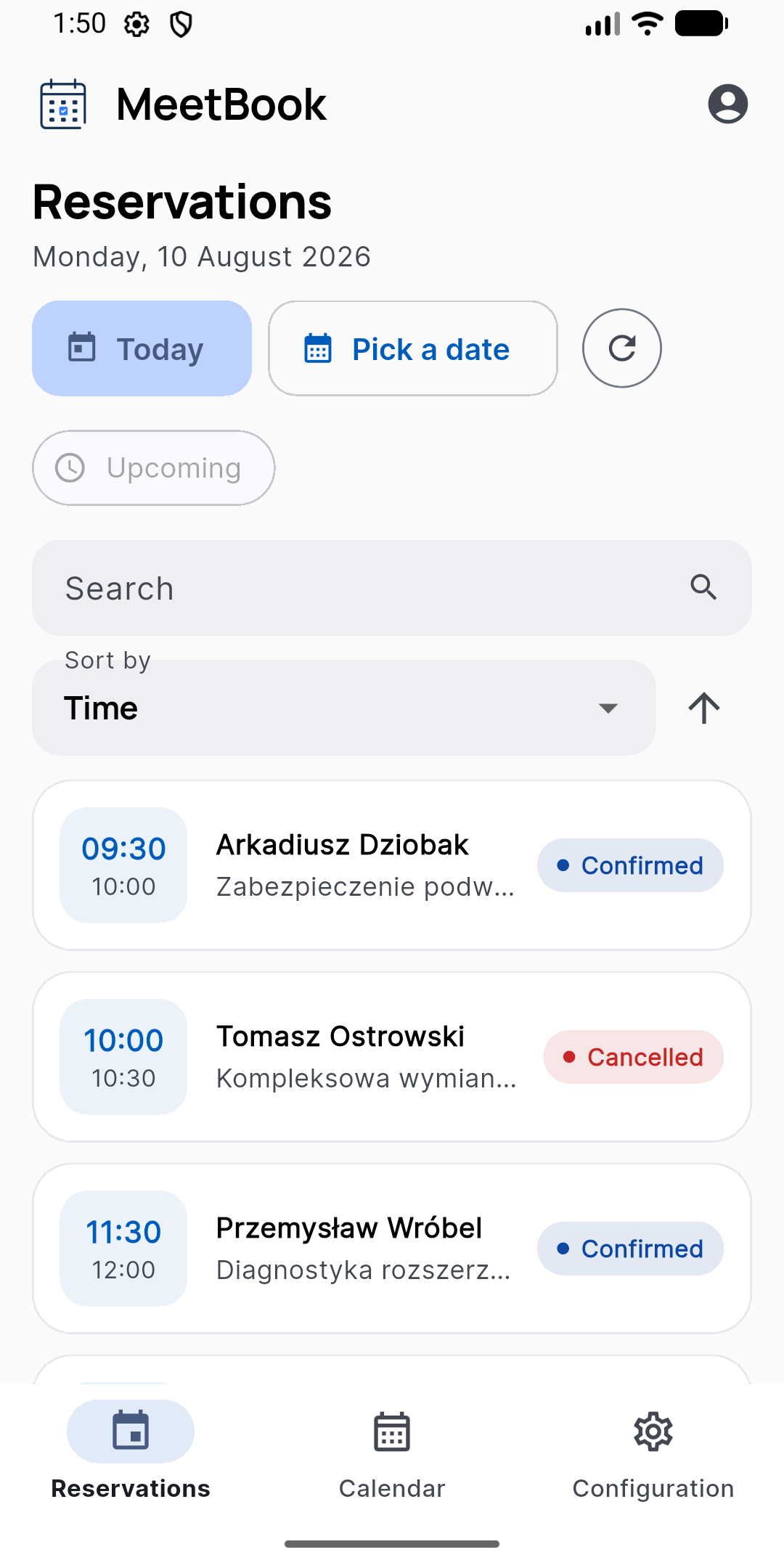 Lista rezerwacji na dany dzień w aplikacji MeetBook